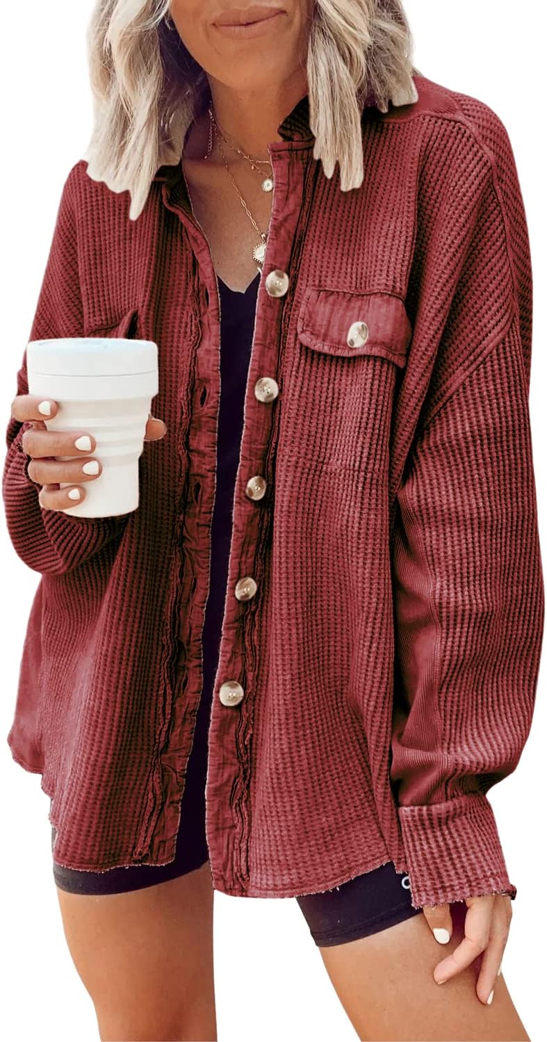 Women's Loose Fit Batwing Sleeve Waffle Knit Button Down Shirt