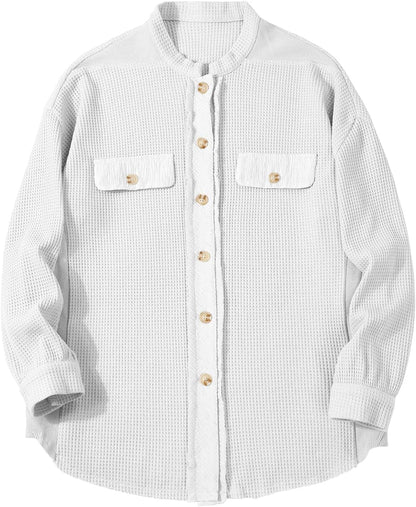 Women's Loose Fit Batwing Sleeve Waffle Knit Button Down Shirt