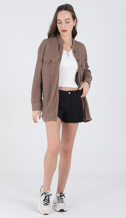 Women's Loose Fit Batwing Sleeve Waffle Knit Button Down Shirt