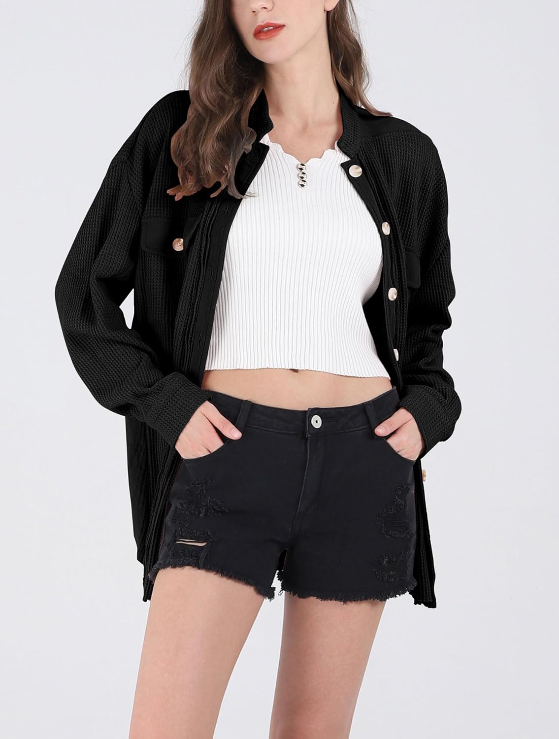 Women's Loose Fit Batwing Sleeve Waffle Knit Button Down Shirt