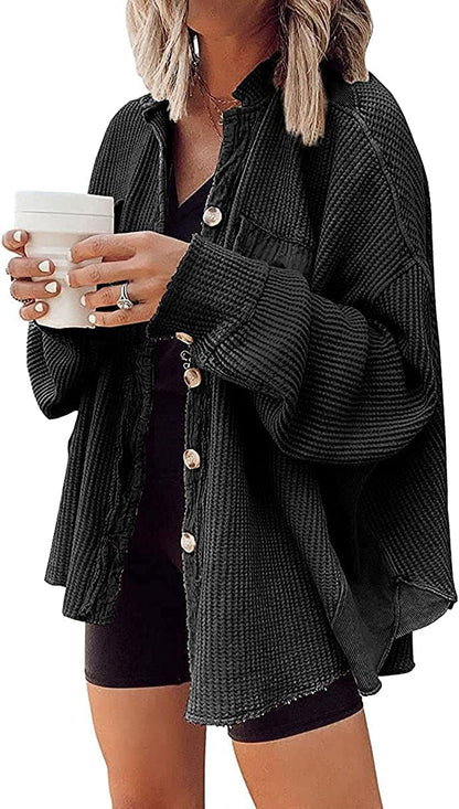 Women's Loose Fit Batwing Sleeve Waffle Knit Button Down Shirt