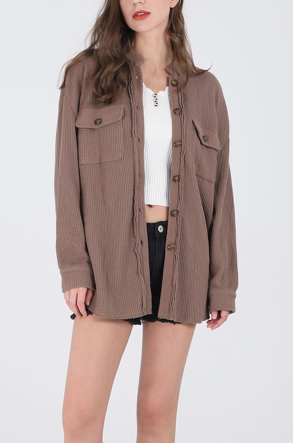 Women's Loose Fit Batwing Sleeve Waffle Knit Button Down Shirt