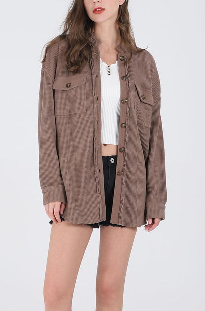Women's Loose Fit Batwing Sleeve Waffle Knit Button Down Shirt