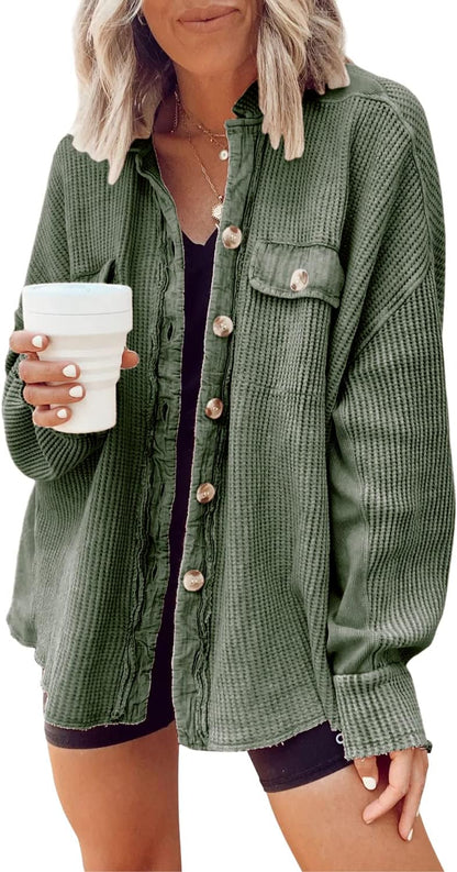 Women's Loose Fit Batwing Sleeve Waffle Knit Button Down Shirt