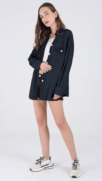 Women's Loose Fit Batwing Sleeve Waffle Knit Button Down Shirt