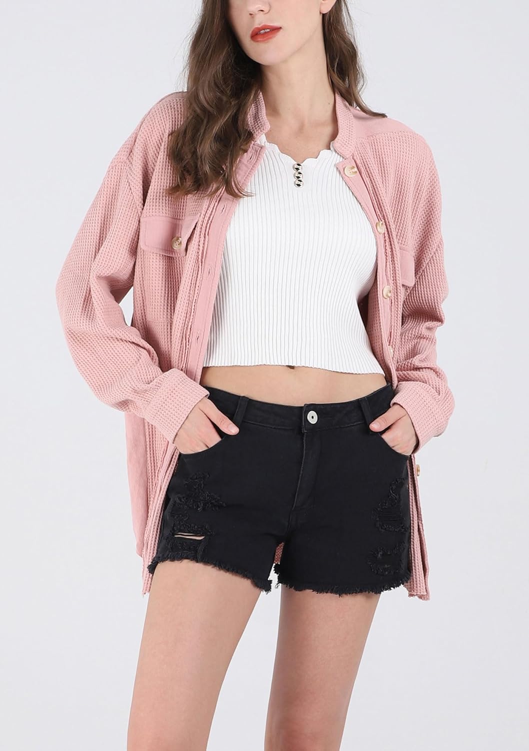 Women's Loose Fit Batwing Sleeve Waffle Knit Button Down Shirt