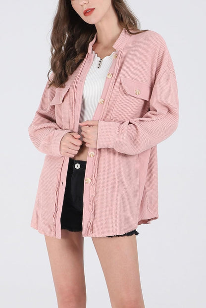 Women's Loose Fit Batwing Sleeve Waffle Knit Button Down Shirt