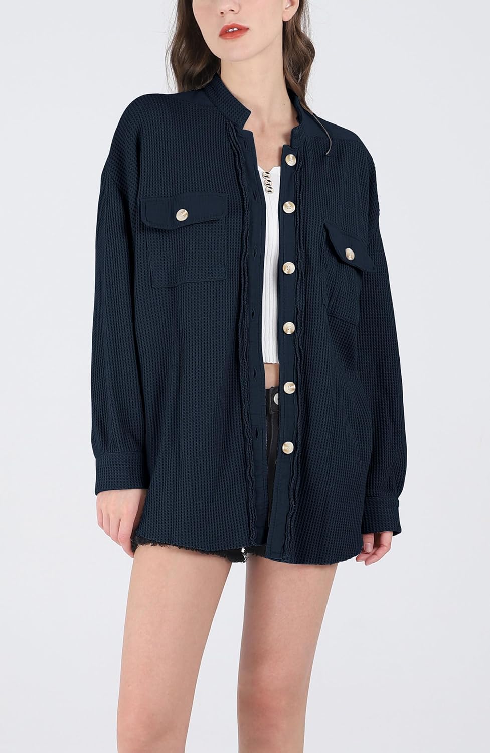 Women's Loose Fit Batwing Sleeve Waffle Knit Button Down Shirt