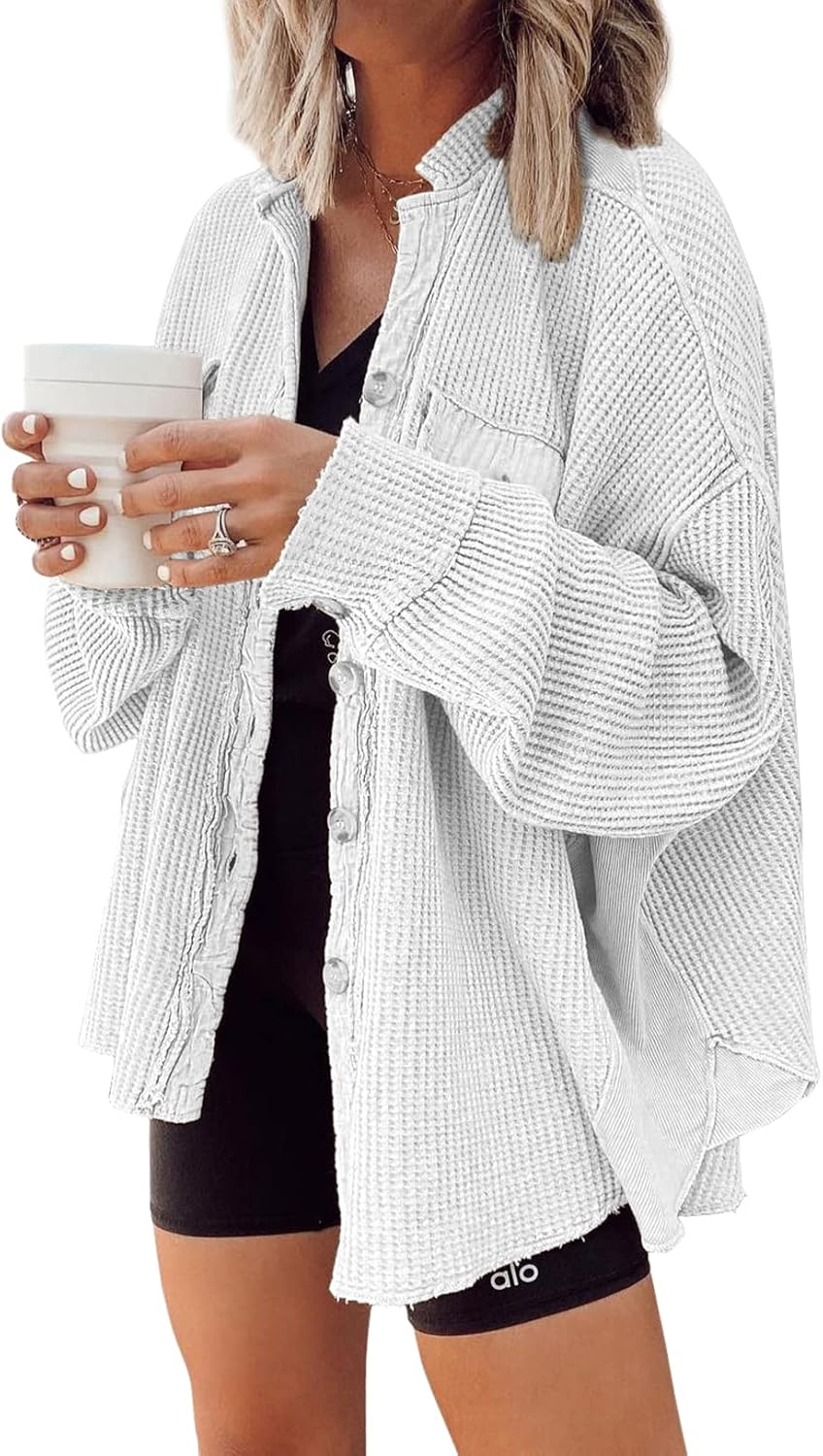 Women's Loose Fit Batwing Sleeve Waffle Knit Button Down Shirt