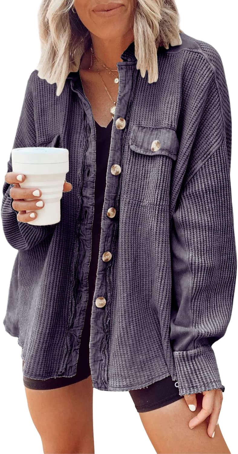 Women's Loose Fit Batwing Sleeve Waffle Knit Button Down Shirt