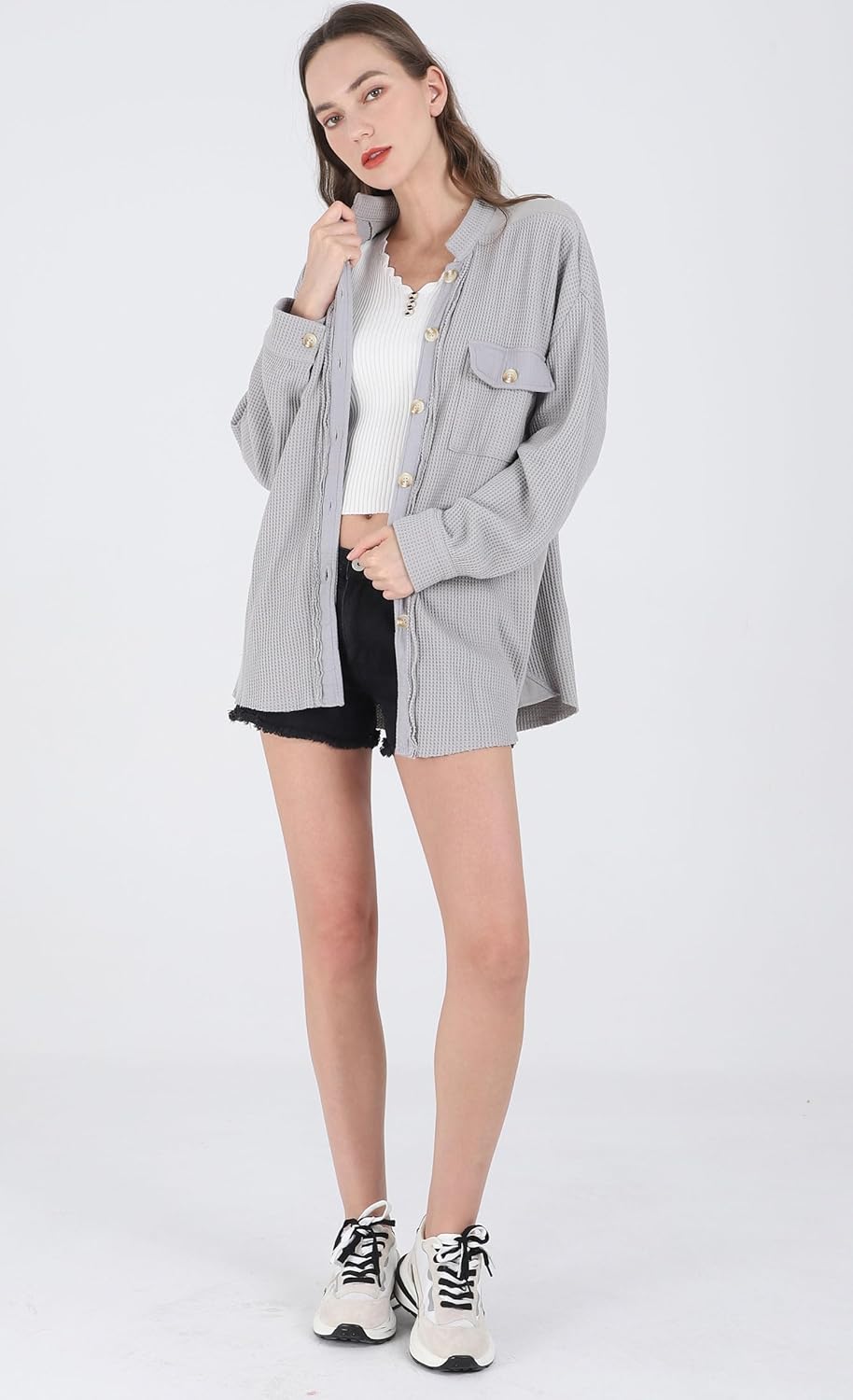 Women's Loose Fit Batwing Sleeve Waffle Knit Button Down Shirt