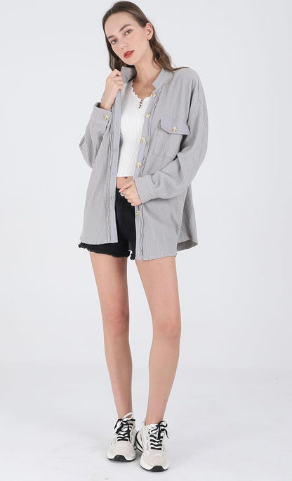 Women's Loose Fit Batwing Sleeve Waffle Knit Button Down Shirt