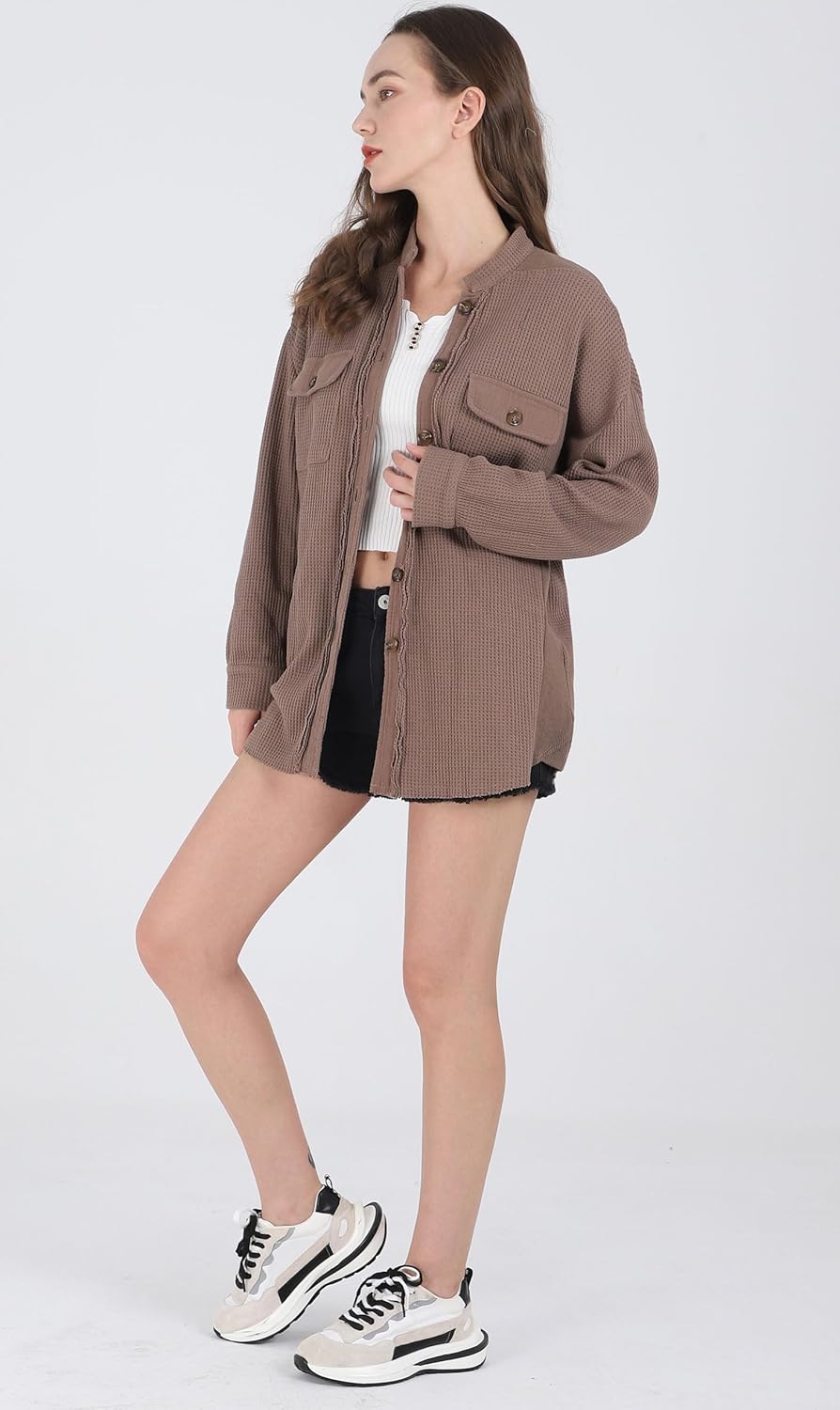 Women's Loose Fit Batwing Sleeve Waffle Knit Button Down Shirt