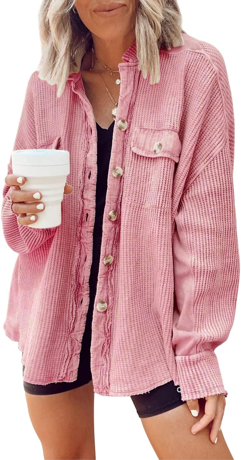 Women's Loose Fit Batwing Sleeve Waffle Knit Button Down Shirt