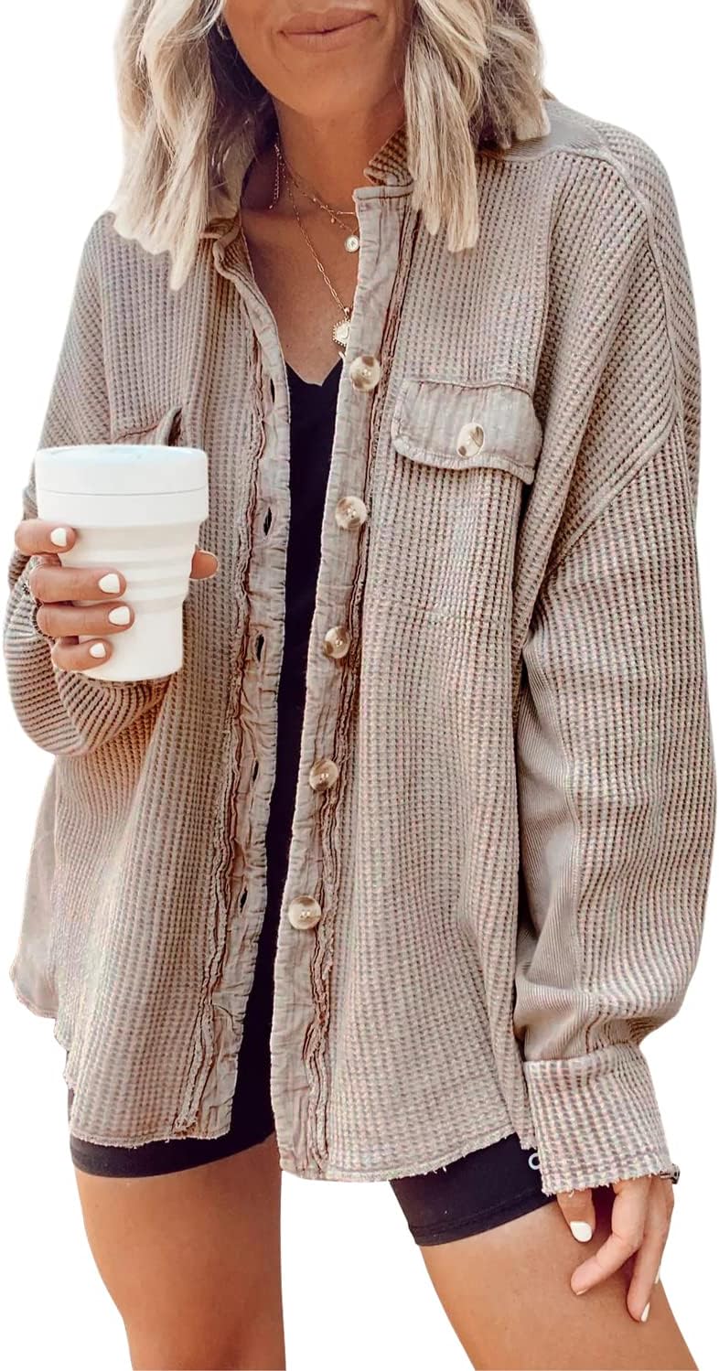 Women's Loose Fit Batwing Sleeve Waffle Knit Button Down Shirt