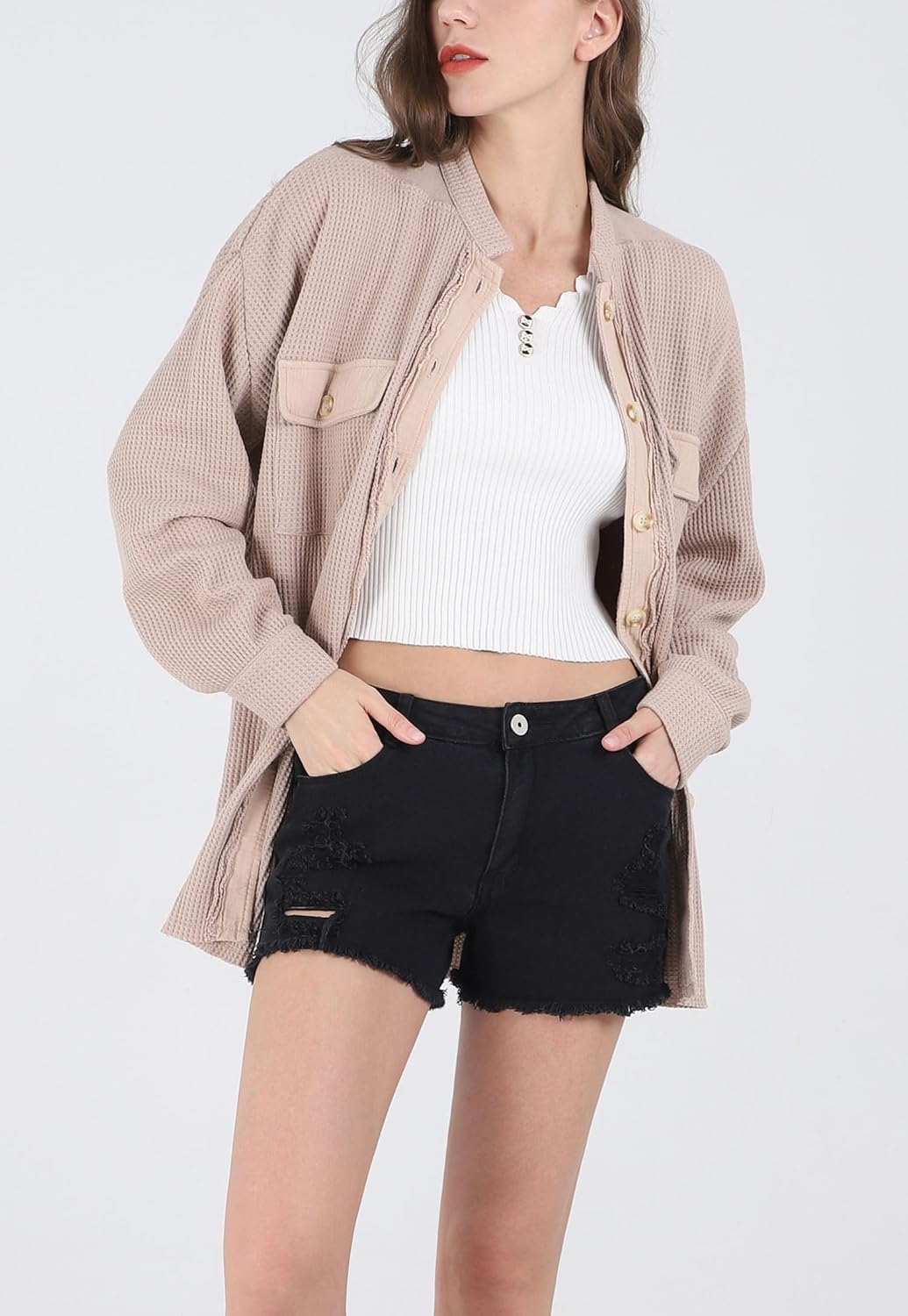 Women's Loose Fit Batwing Sleeve Waffle Knit Button Down Shirt