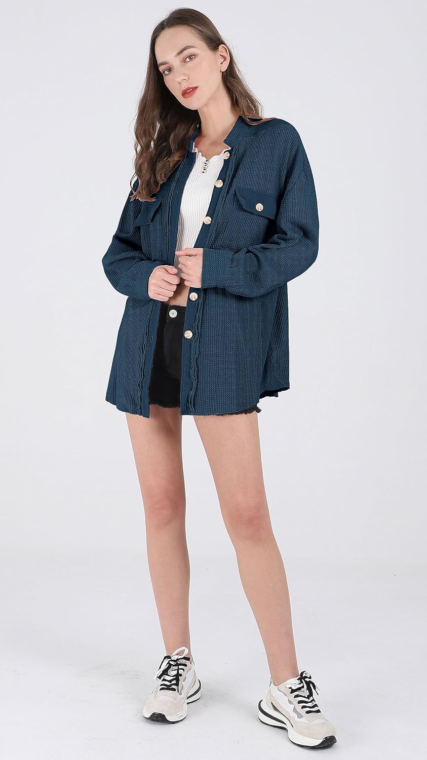 Women's Loose Fit Batwing Sleeve Waffle Knit Button Down Shirt