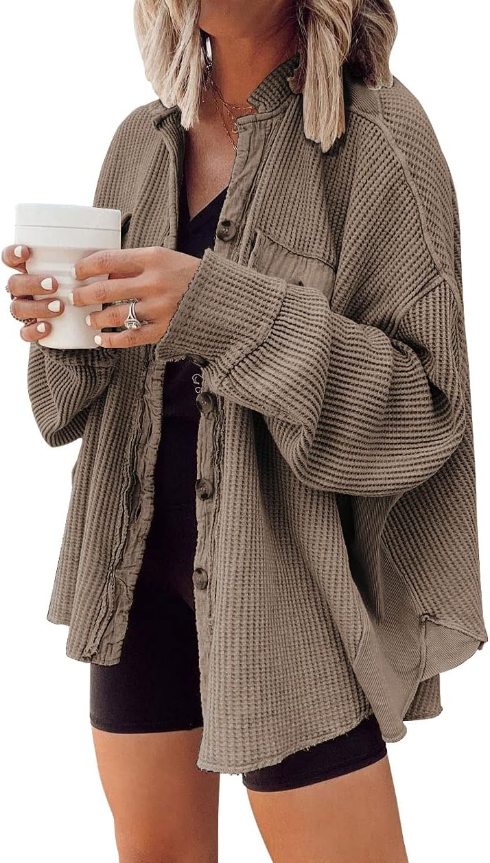 Women's Loose Fit Batwing Sleeve Waffle Knit Button Down Shirt