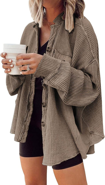 Women's Loose Fit Batwing Sleeve Waffle Knit Button Down Shirt