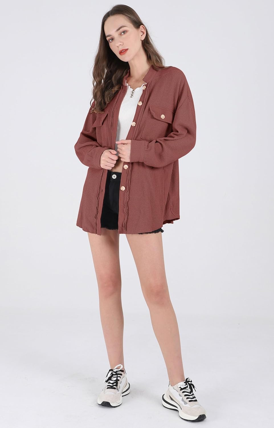 Women's Loose Fit Batwing Sleeve Waffle Knit Button Down Shirt