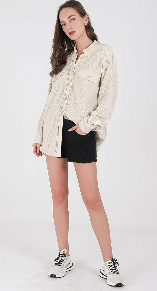 Women's Loose Fit Batwing Sleeve Waffle Knit Button Down Shirt