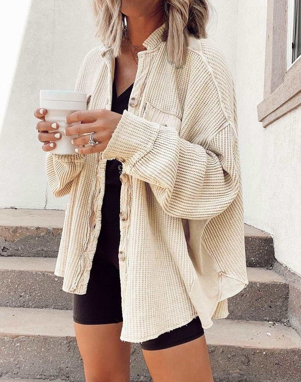Women's Loose Fit Batwing Sleeve Waffle Knit Button Down Shirt