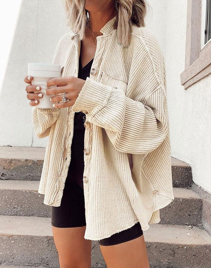 Women's Loose Fit Batwing Sleeve Waffle Knit Button Down Shirt