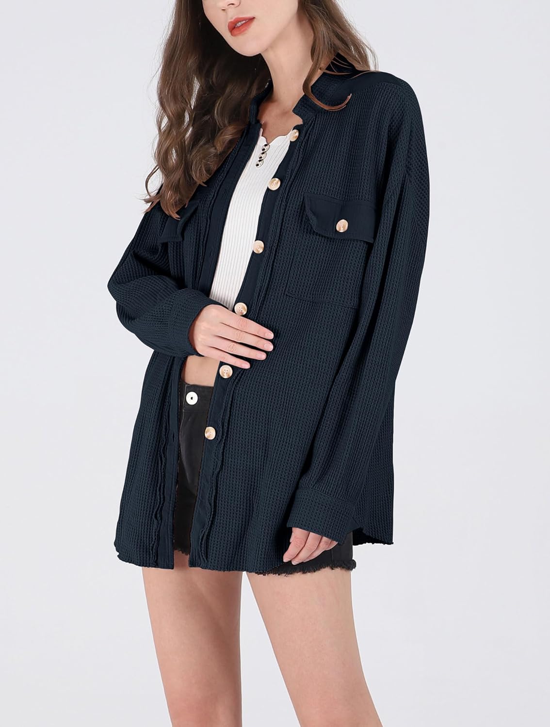 Women's Loose Fit Batwing Sleeve Waffle Knit Button Down Shirt