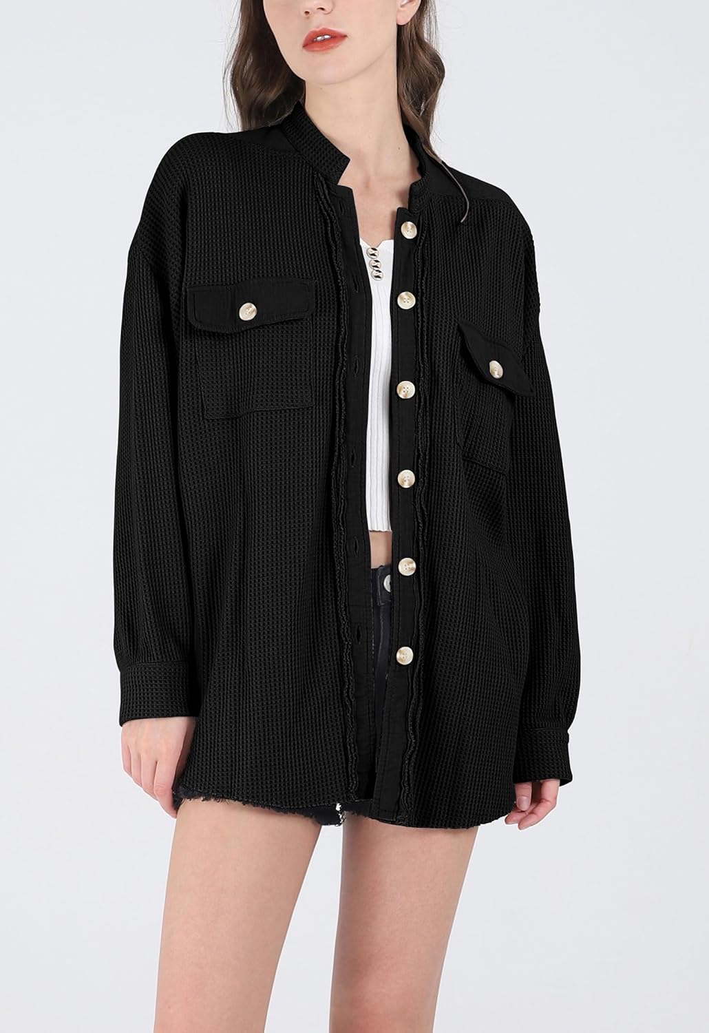 Women's Loose Fit Batwing Sleeve Waffle Knit Button Down Shirt