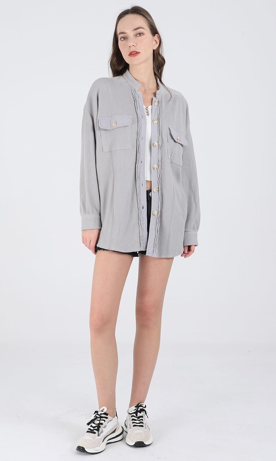 Women's Loose Fit Batwing Sleeve Waffle Knit Button Down Shirt
