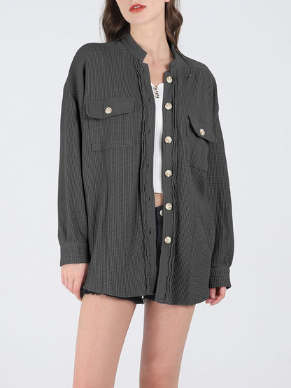 Women's Loose Fit Batwing Sleeve Waffle Knit Button Down Shirt