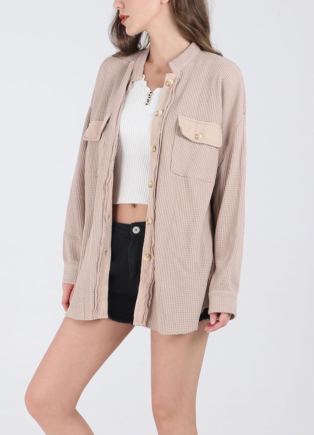 Women's Loose Fit Batwing Sleeve Waffle Knit Button Down Shirt