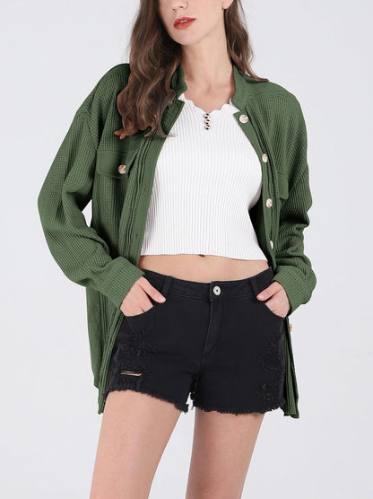 Women's Loose Fit Batwing Sleeve Waffle Knit Button Down Shirt