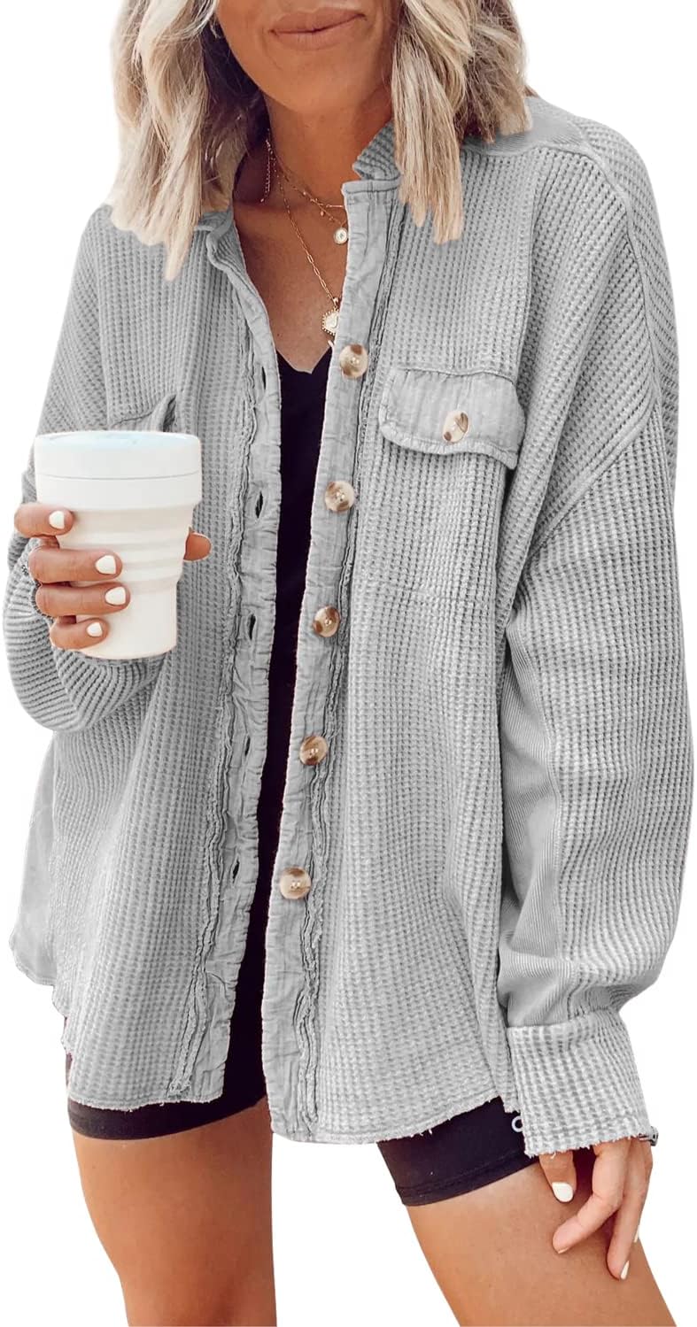 Women's Loose Fit Batwing Sleeve Waffle Knit Button Down Shirt