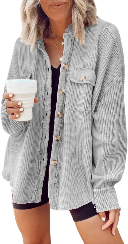 Women's Loose Fit Batwing Sleeve Waffle Knit Button Down Shirt