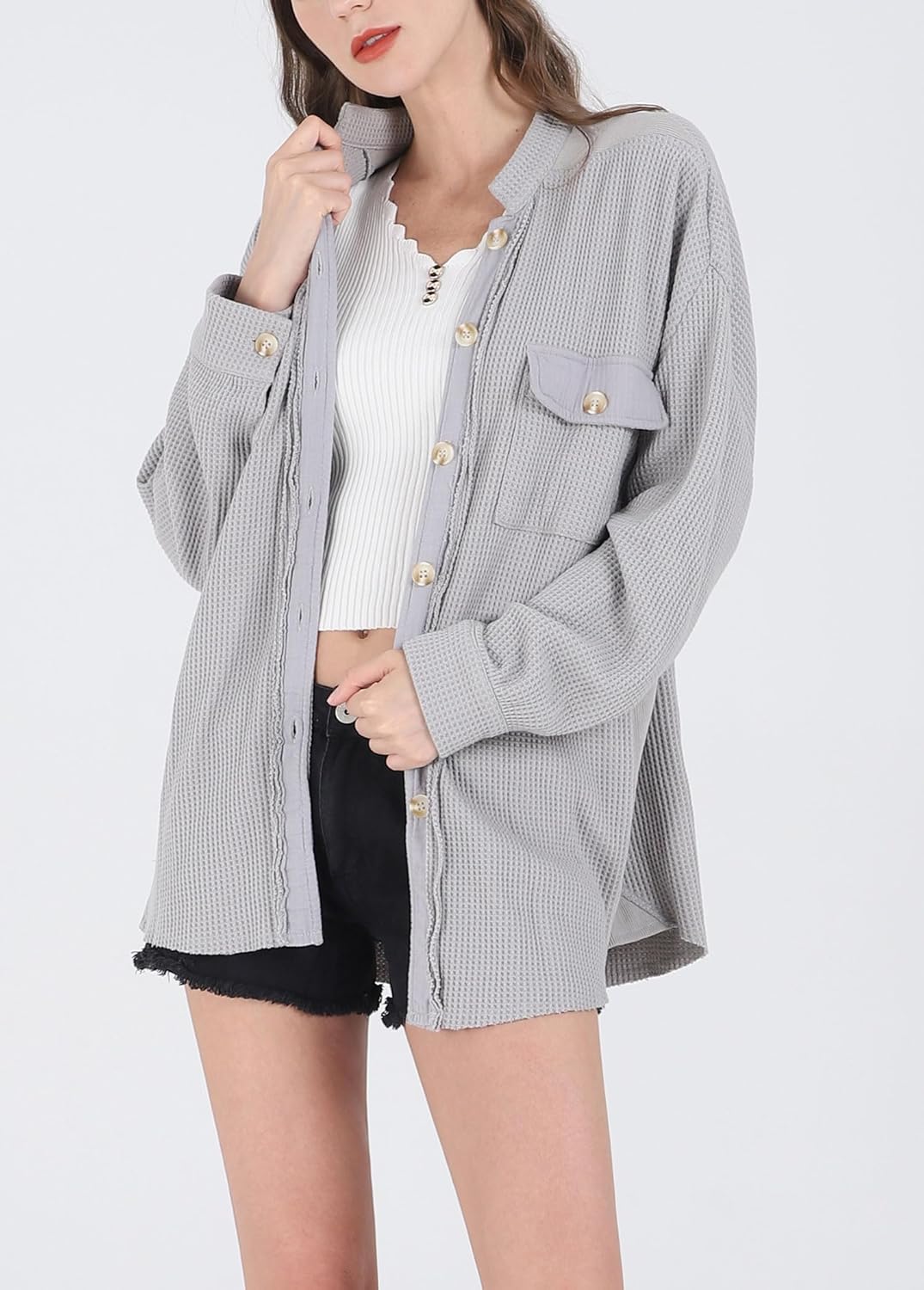 Women's Loose Fit Batwing Sleeve Waffle Knit Button Down Shirt