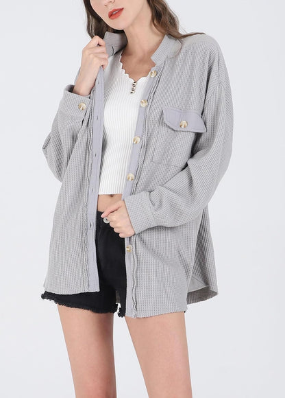 Women's Loose Fit Batwing Sleeve Waffle Knit Button Down Shirt