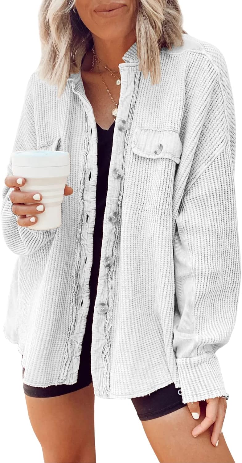 Women's Loose Fit Batwing Sleeve Waffle Knit Button Down Shirt