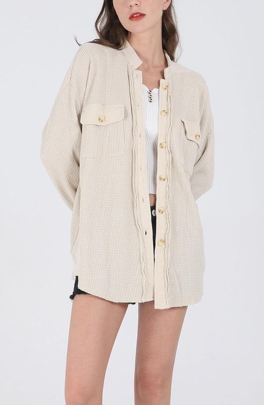 Women's Loose Fit Batwing Sleeve Waffle Knit Button Down Shirt