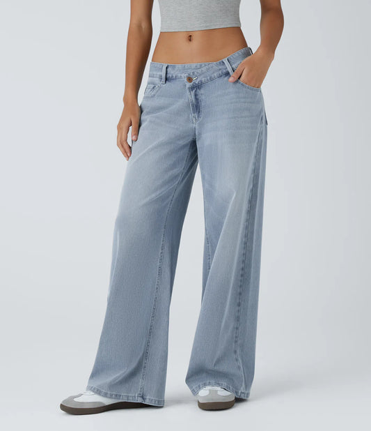 Asymmetric Low Rise Zipper Pockets Baggy Wide Leg Washed Casual Jeans | Regular