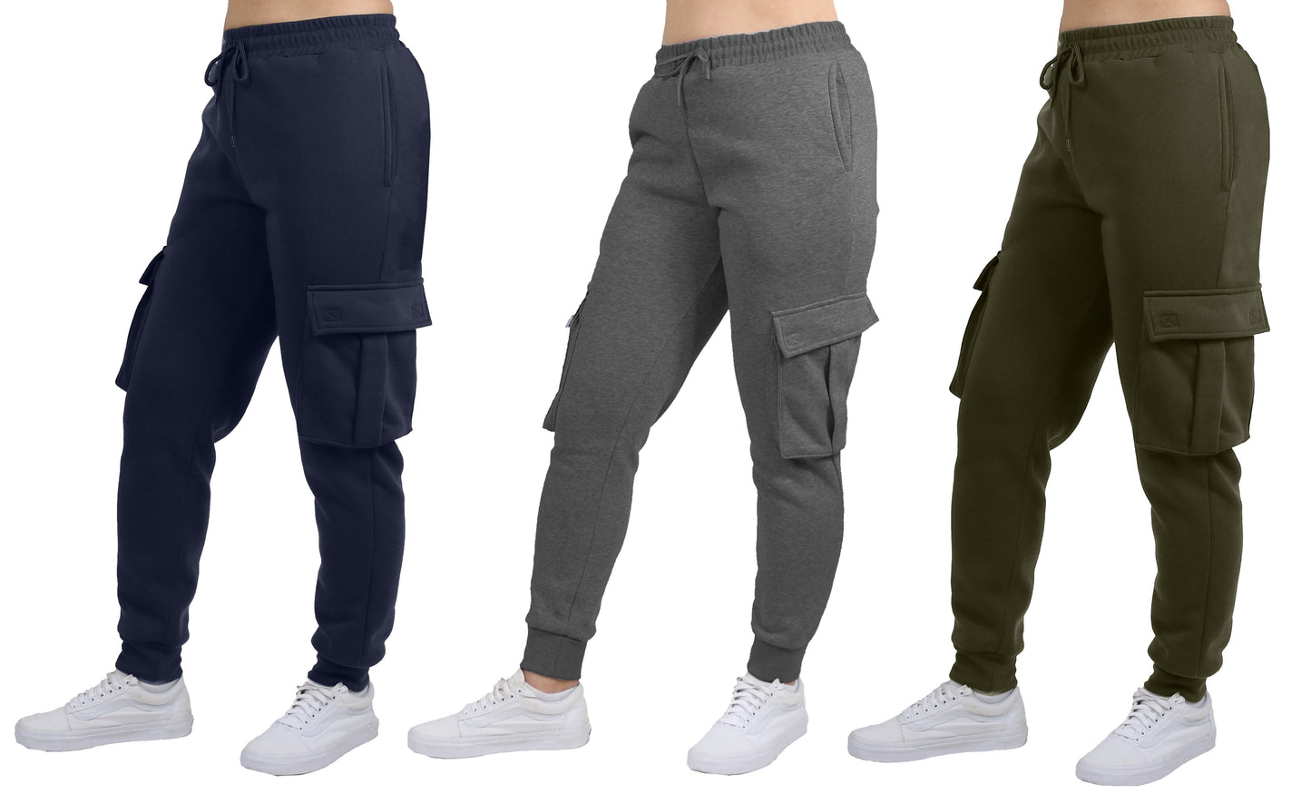 Women's Loose Fit Fleece Jogger Sweatpants with Velcro Cargo Pockets-3 Pack