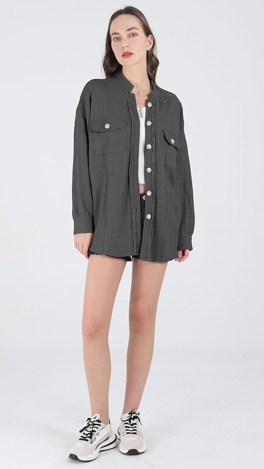Women's Loose Fit Batwing Sleeve Waffle Knit Button Down Shirt