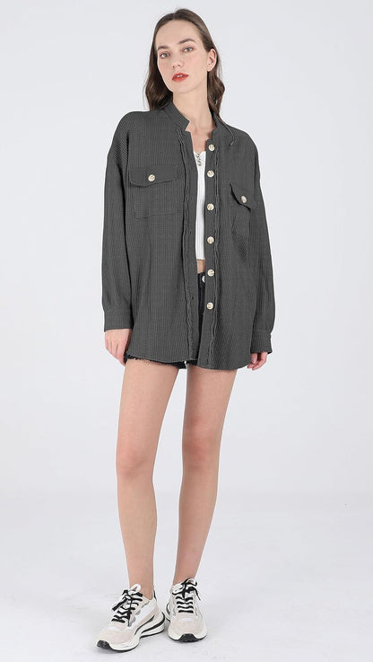 Women's Loose Fit Batwing Sleeve Waffle Knit Button Down Shirt