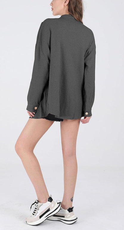 Women's Loose Fit Batwing Sleeve Waffle Knit Button Down Shirt