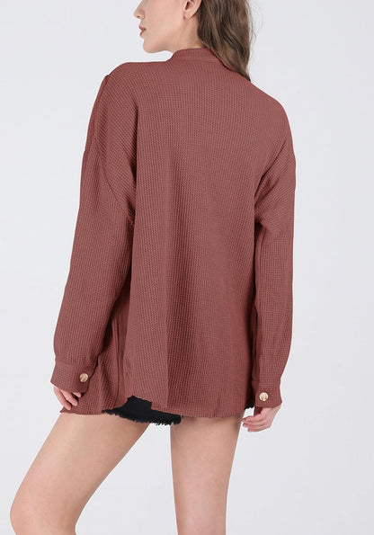 Women's Loose Fit Batwing Sleeve Waffle Knit Button Down Shirt