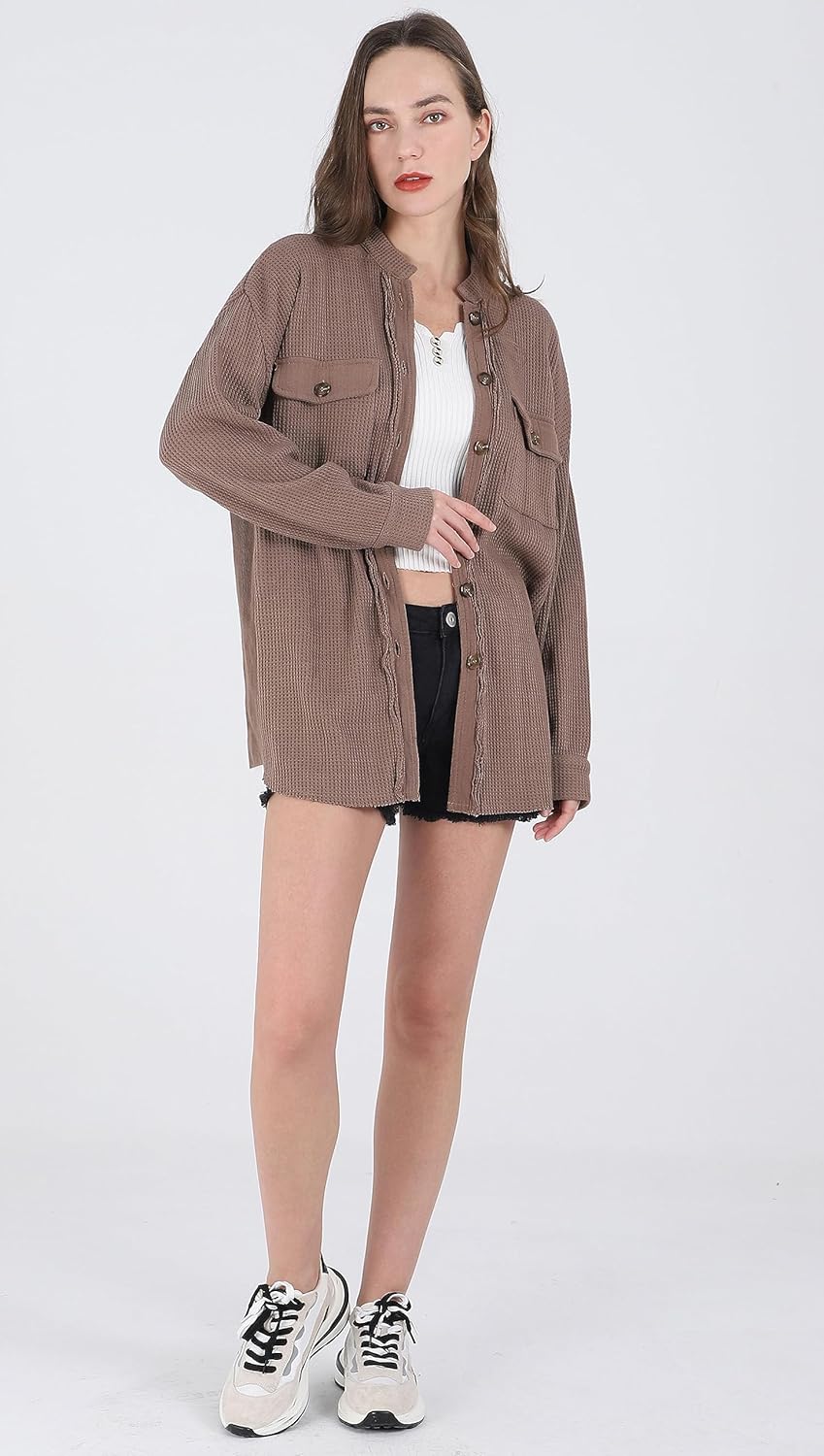 Women's Loose Fit Batwing Sleeve Waffle Knit Button Down Shirt