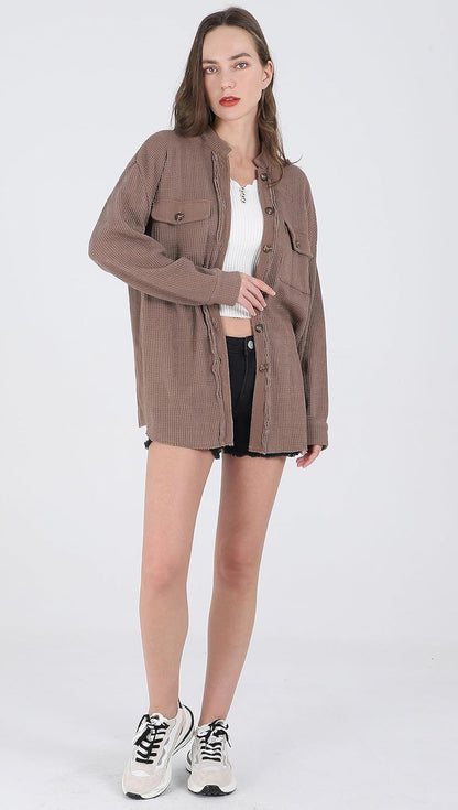 Women's Loose Fit Batwing Sleeve Waffle Knit Button Down Shirt