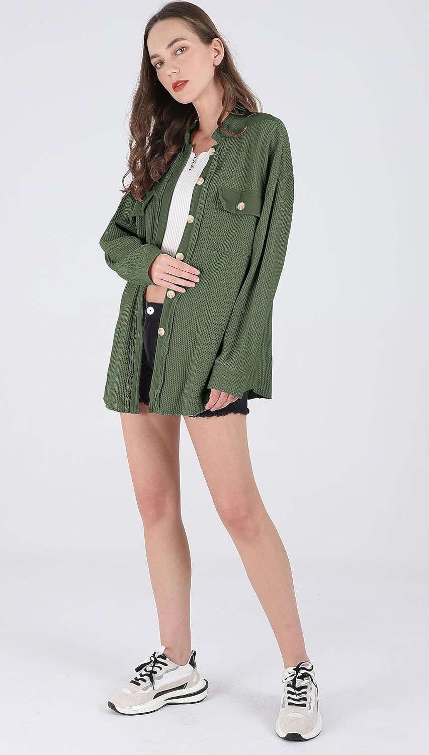 Women's Loose Fit Batwing Sleeve Waffle Knit Button Down Shirt