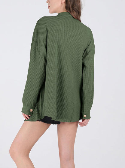 Women's Loose Fit Batwing Sleeve Waffle Knit Button Down Shirt