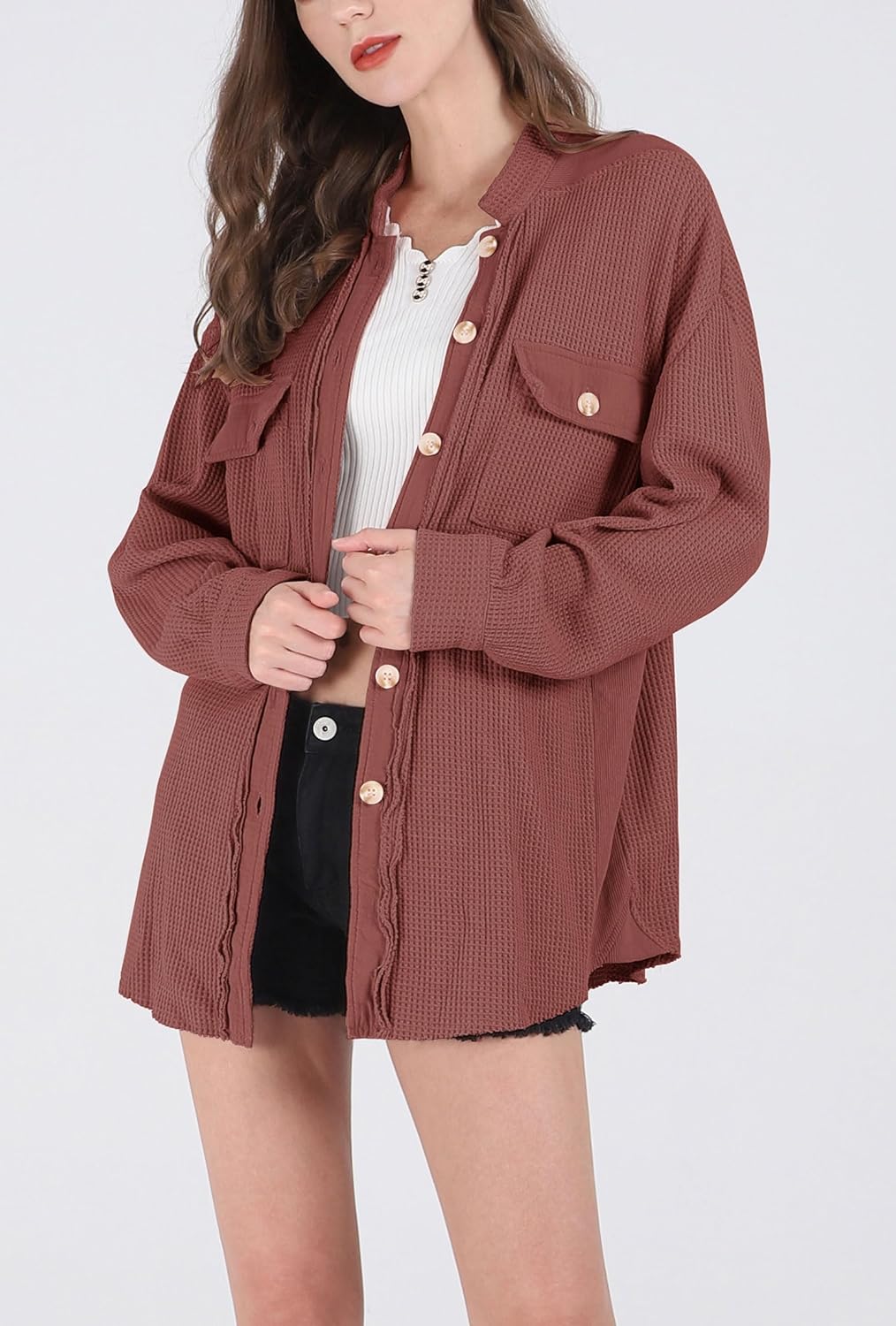 Women's Loose Fit Batwing Sleeve Waffle Knit Button Down Shirt